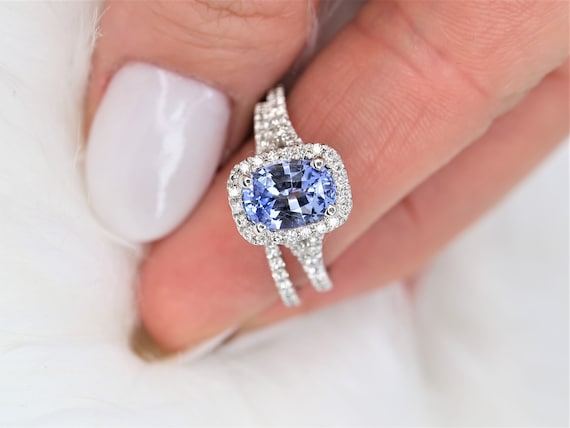 2.12ct Avery Ready to Ship 14kt White Gold Cornflower Blue Sapphire Diamond Cushion Halo Bridal Set,Cushion Halo Engagement Ring,Anniversary