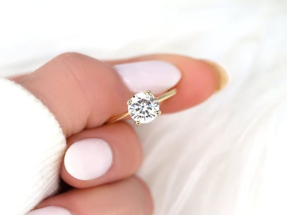 1.50ct Ready to Ship Skinny Alberta 7.5mm 14kt Yellow Gold Forever One Moissanite Round Solitaire Ring,