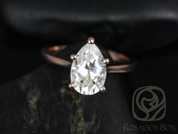 2ct Skinny Jane 10x7mm 14kt Rose Gold Forever One Moissanite Minimalist Tapered Cathedral Pear Solitaire Engagement Ring