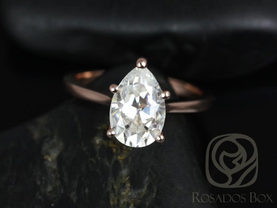 2ct Skinny Jane 10x7mm 14kt Rose Gold Forever One Moissanite Minimalist Tapered Cathedral Pear Solitaire Engagement Ring