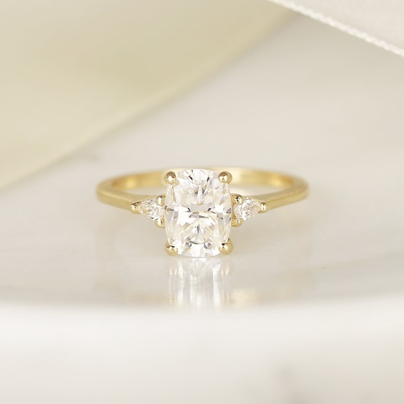 1.50cts Petite Ellis 8x6mm 14kt Solid Gold Moissanite Diamond 3 Stone Dainty Pear Elongated Cushion Engagement Ring