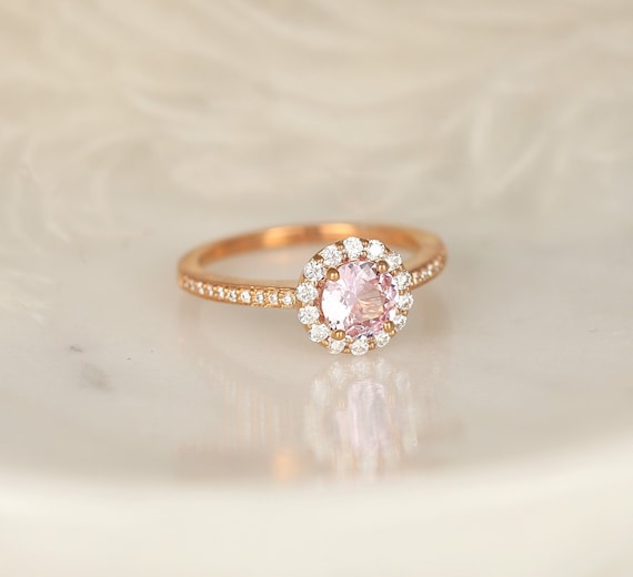 0.80ct Ready to Ship Marisol 14kt Rose Gold Blush Sapphire and Diamond Art Deco Open Gallery Round Halo Engagement Ring