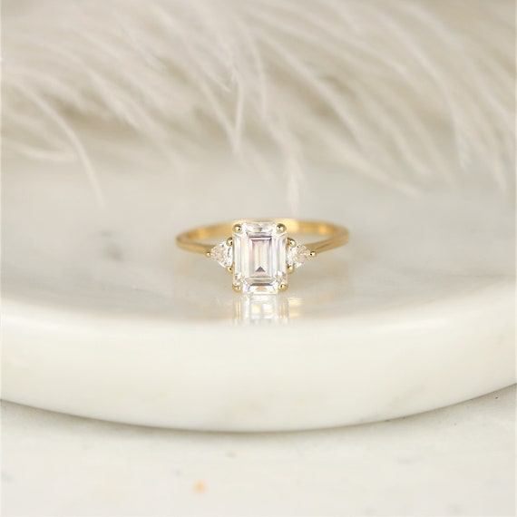 DIAMOND FREE 1.75ct Livy 8x6mm 14kt Solid Gold Forever One Moissanite Dainty Unique Trillion 3 Stone Emerald  Ring