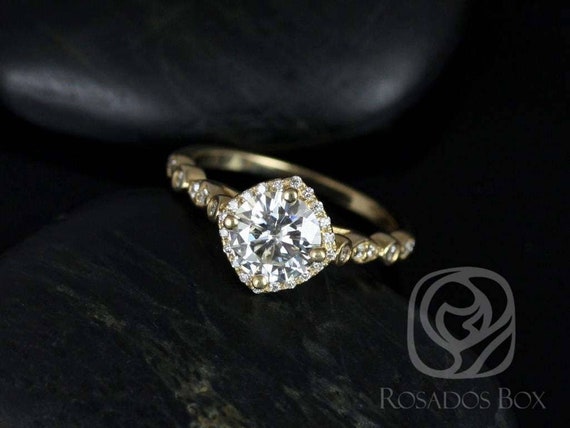 SALE Ready to Ship Quinn 7mm 14kt Gold FB Moissanite Diamond WITHOUT Milgrain Art Deco Halo Kite Set Cushion Engagement Ring