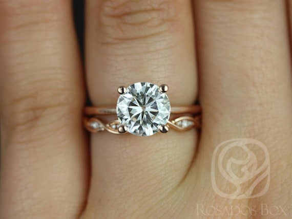 2ct Skinny Alberta 8mm & Ember 14kt Rose Gold Moissanite Diamond Dainty Round Solitaire Bridal Set