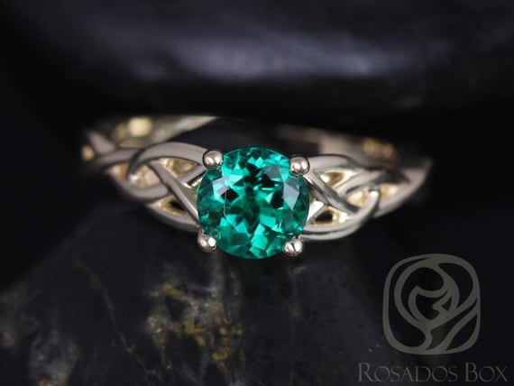 Cassidy 6mm 14kt Solid Gold Green Emerald Art Deco Celtic Love Knot Irish Triquetra Round  Engagement Ring