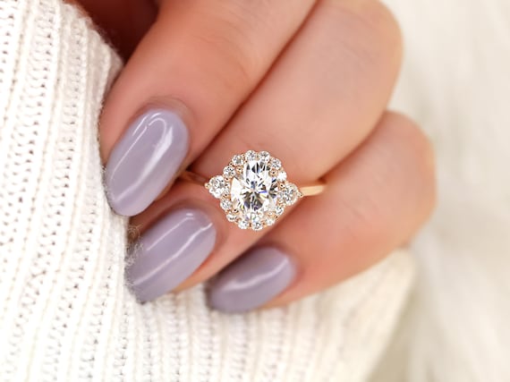 1.50ct Ready to Ship Britney 8x6mm 14kt YELLOW Gold Moissanite Diamond Oval Halo Engagement Ring,Three Stone Ring,Unique Oval Halo Ring