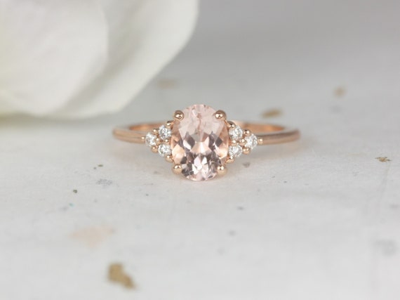 Juniper 8x6mm 14kt Rose Gold Morganite Diamond Three Stone Oval Engagement Ring,Dainty Morganite Cluster Ring,Anniversary Gift