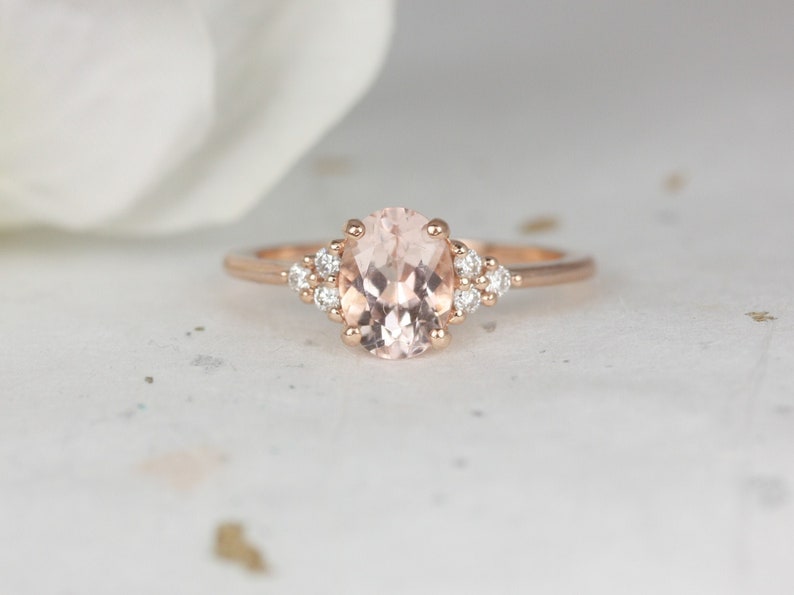 Juniper 8x6mm 14kt Rose Gold Morganite Diamond Three Stone Oval Engagement Ring,Dainty Morganite Cluster Ring,Anniversary Gift image 1