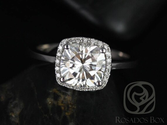 SALE FB Moissanite Diamond Cushion Halo Engagement Ring , 14kt Solid White Gold ,  Ready to Ship Bertha 7.5mm , Rosados Box