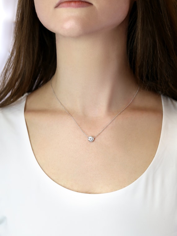 1ct Brooke 6.5mm 14kt Gold Dainty Moissanite Minimalist Necklace,Solitaire Necklace, Bezel Necklace,Gift For Her,Birthday Gift