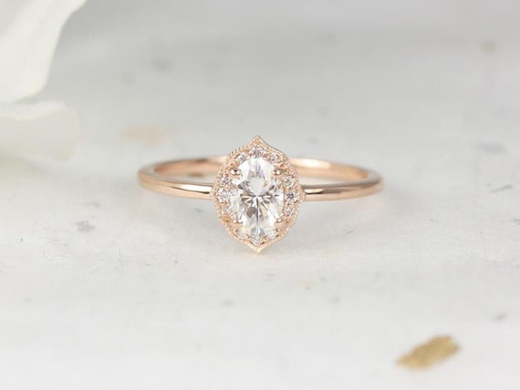 0.50cts Mini Mae 6x4mm 14kt Rose Gold Moissanite Diamond WITH Milgrain Art Deco Oval Halo Ring,Dainty Unique Ring,Gift For Her,Pinky Ring