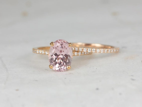 Rosados Box Ready to Ship Hillary 3.54cts 14kt Rose Gold Oval Blush Champagne Spinel and Diamond Wedding Set Rings