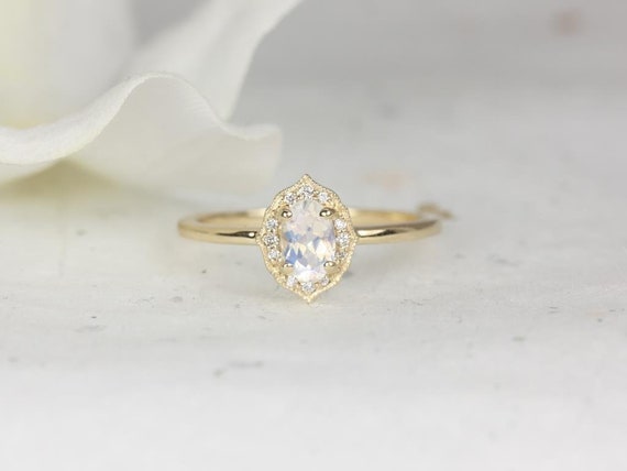 Mini Mae 6x4mm 14kt Gold Rainbow Moonstone Diamond Dainty Art Deco Unique Oval Halo WITH Milgrain Ring