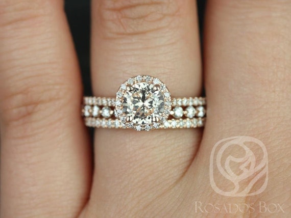 1.33ct Ready to Ship Kubian 14kt Rose Gold Butter Peach Sapphire Diamond Art Deco Dainty Halo TRIO Bridal Set