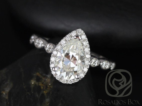 1.50ct Sydney 9x6mm 14kt White Gold Moissanite Diamond WITHOUT Milgrain Pear Halo Engagement Ring,Art Deco Halo Ring,Unique Gift