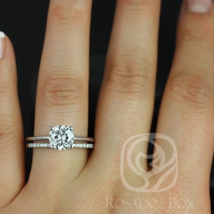 1.50ct Skinny Alberta 7.5mm & Dia Barra 14kt White Gold Moissanite Diamonds Dainty Round Solitaire Wedding Set Ring image 2