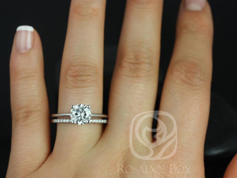 1.50ct Skinny Alberta 7.5mm & Dia Barra 14kt White Gold Moissanite Diamonds Dainty Round Solitaire Wedding Set Ring image 2