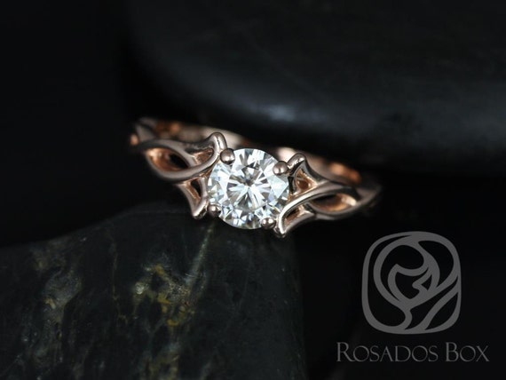 0.75ct Orla 6mm 14kt Rose Gold Moissanite Dainty Celtic Love Knot Triquetra Crossover Unique Round Solitaire Ring