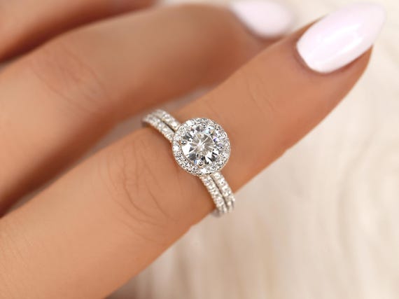 1ct Ready to Ship Callie 6.5mm 14kt White Gold Forever One Moissanite Diamond Dainty Pave Round Halo Bridal Set