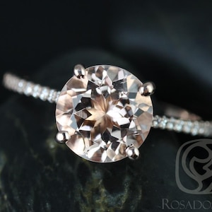 Eloise 9mm 14kt Rose Gold Morganite Diamonds Dainty Cathedral Round Solitaire Accent Engagement Ring