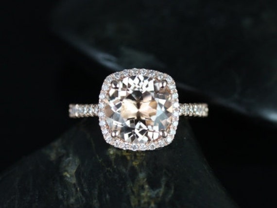 Ready to Ship Barra 9mm 14kt WHITE Gold Morganite and Diamonds Cushion Halo Engagement Ring