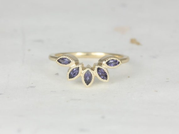 Ready to Ship DIAMOND FREE Petunia 14kt Gold Marquise Iolite Leaves WITH Milgrain Nesting Ring,Fan Wedding Ring,Unique Ring,Contoured Ring