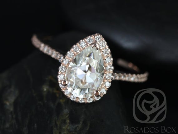 1.50cts Tabitha 9x6mm 14kt Rose Gold Moissanite Diamonds Dainty Micro Pave Pear Halo Engagement Ring