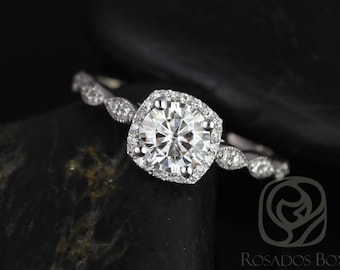Christie 6mm 14kt White Gold Round Forever One Moissanite Diamonds Cushion Halo WITH Milgrain Engagement Ring