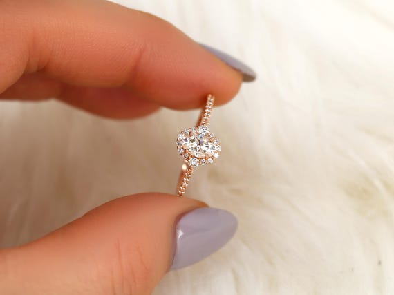 0.50ct  Bridgette 6x4mm 14kt Moissanite Diamonds Unique Oval Halo Ring,Oval Engagement Ring,Art Deco Halo Ring,Oval Trilogy Ring,Unique Ring