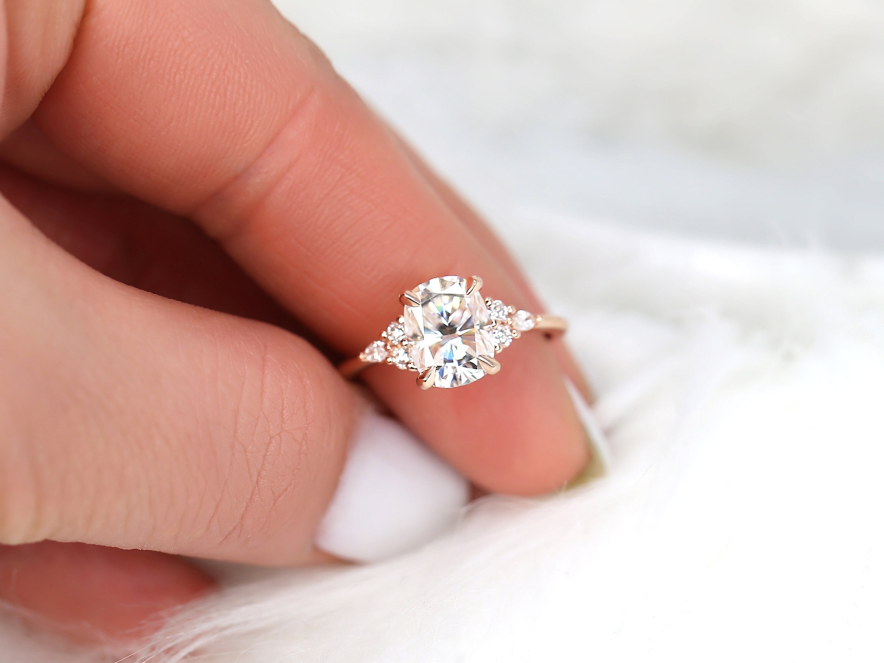 2.30ct Petite Tinsley 9x7mm 14kt Gold Moissanite Diamond 3 Stone Cushion Cluster Ring Unique Art Deco Ring Anniversary Gift Engagement Ring