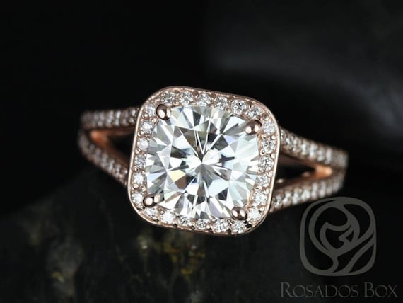 SALE  Ready to Ship Diana 8mm 14kt Rose Gold Cushion FB Moissanite and Diamonds Halo Split Shank Wedding Set