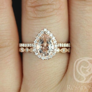 Tabitha 8x6mm & Gwen 14kt Rose Gold Morganite Diamonds Dainty Art Deco Pave Pear Halo Bridal Set