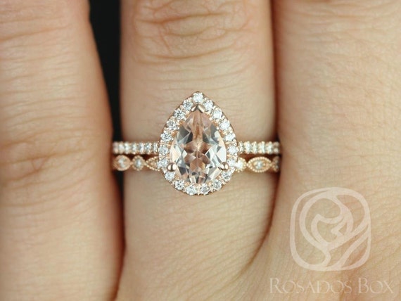 Tabitha 8x6mm & Gwen 14kt Rose Gold Morganite Diamonds Dainty Art Deco Pave Pear Halo Bridal Set