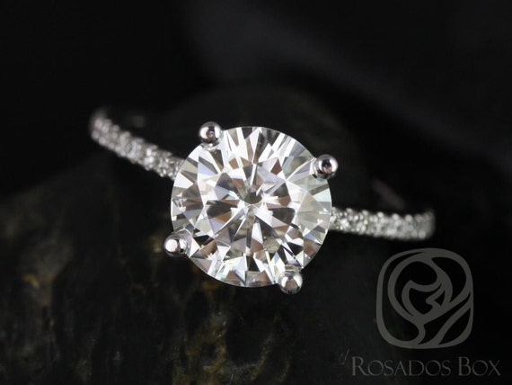 2ct Eloise 8mm 14kt White Gold Moissanite Diamonds Dainty Pave Cathedral Round Solitaire Accent Engagement Ring