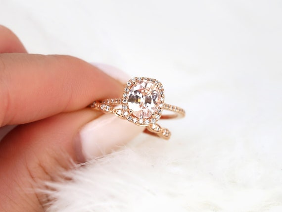 2.63ct Romani & Christie 14k Rose Gold Champagne Sapphire Diamond Cushion Halo Bridal Set,Sapphire Halo Ring,Peach Sapphire Ring,Unique Ring