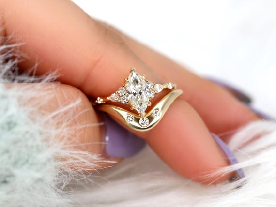 1ct Astrid & Tetra 14kt Gold Diamond Marquise Cluster Wedding Ring Set,Dainty Unique Art Deco Ring,Diamond Engagement Ring,Marquise Ring Set