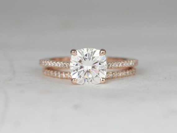 2cts Marcelle 7.5mm 14kt Rose Gold Moissanite Diamond Dainty Cushion Solitaire Accent Cathedral Bridal Set