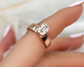 1.75ct Ruth 8x6mm & Codi 2.0 14kt Moissanite Emerald Cut Solitaire Bridal Set,Emerald Cut Wedding Ring Set,Emerald Engagement Ring Set