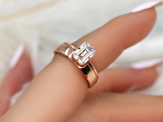 1.75ct Ruth 8x6mm & Codi 14kt Moissanite Emerald Cut Solitaire Bridal Set,Emerald Cut Wedding Ring Set,Emerald Engagement Ring Set