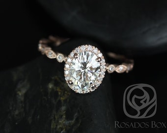 1.50ct Gwen 8x6mm 14kt Rose Gold Moissanite Diamond WITH Milgrain Dainty Art Deco Oval Halo Engagement Ring