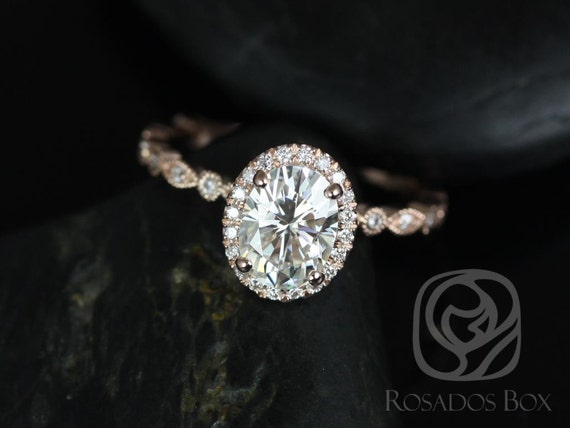 1.50ct Gwen 8x6mm 14kt Rose Gold Moissanite Diamond WITH Milgrain Dainty Art Deco Oval Halo Engagement Ring