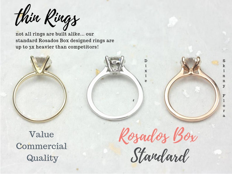 May include: Three engagement rings with different band widths. The ring on the left has a thin band, the middle ring has a slightly thicker band, and the ring on the right has the thickest band. The text "thin Rings" is at the top of the image. The text "Value Commercial Quality" is below the left ring. The text "Dixie" is to the right of the middle ring. The text "Rosados Box Standard" is below the right ring. The text "Skinny Flora" is to the right of the right ring.