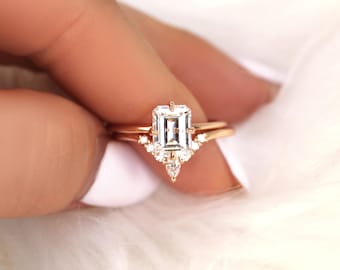 1.75ct Ruth 8x6mm & Kendall 14kt Moissanite Emerald Cut Solitaire Bridal Set,Minimalist Emerald Wedding Set,Unique Emerald Engagement Ring