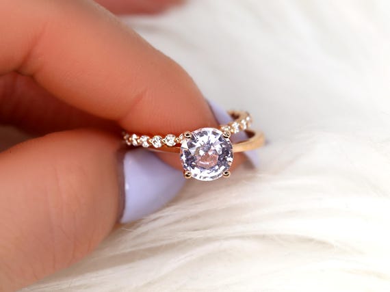 2.39ct Ready to Ship Skinny Flora & Pte Naomi 14kt Blush Sapphire Diamond Solitaire Bridal Set,Unique Sapphire Ring,Sapphire Engagement Ring