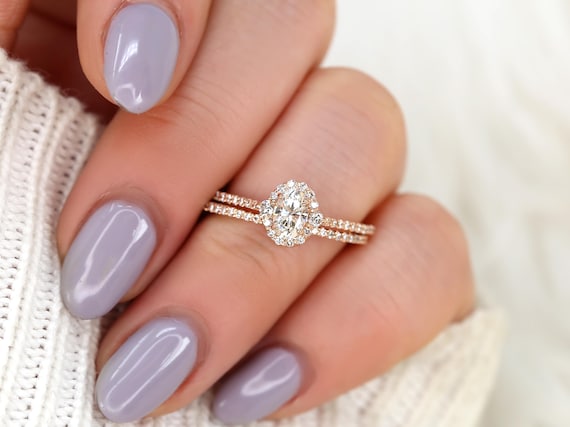 0.50ct Bridgette 6x4mm 14kt Moissanite Diamond Unique Halo Bridal Set,Oval Wedding Ring Set,Oval Engagement Ring Set,Unique Wedding Ring