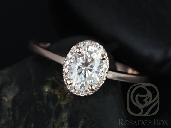 Ready to Ship Celeste 7x5mm 14kt Rose Gold Oval Forever One Moissanite Diamonds Pave Halo Engagement Ring