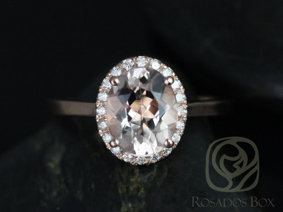 Ready to Ship Celeste 14kt Rose Gold 10x8mm Oval Morganite and Diamonds Halo Engagement Ring, Rosados Box