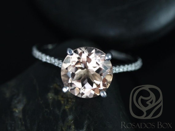 Eloise 9mm 14kt White Gold Morganite Diamonds Dainty Cathedral Round Solitaire Accent Engagement Ring