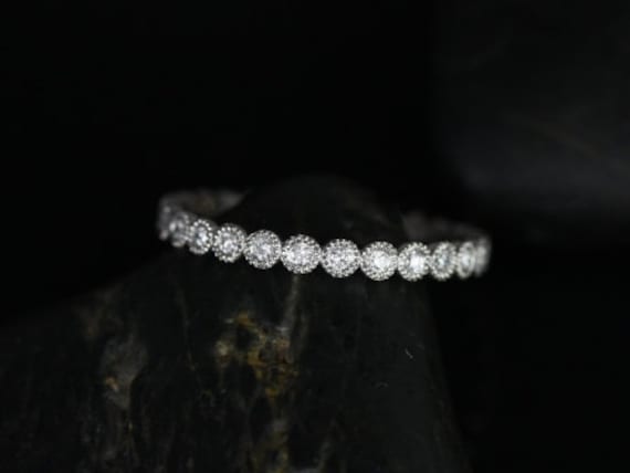 Ready to Ship Petite Bubbles 14kt White Gold Diamond Bezel WITH  Milgrain FULL Eternity Band Dainty Ring,Rosados Box